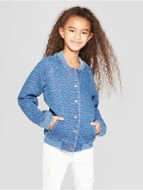 Cat & Jack Blue Star Embroidered Quilted Bomber Jacket Girl’s Size XL 14/16